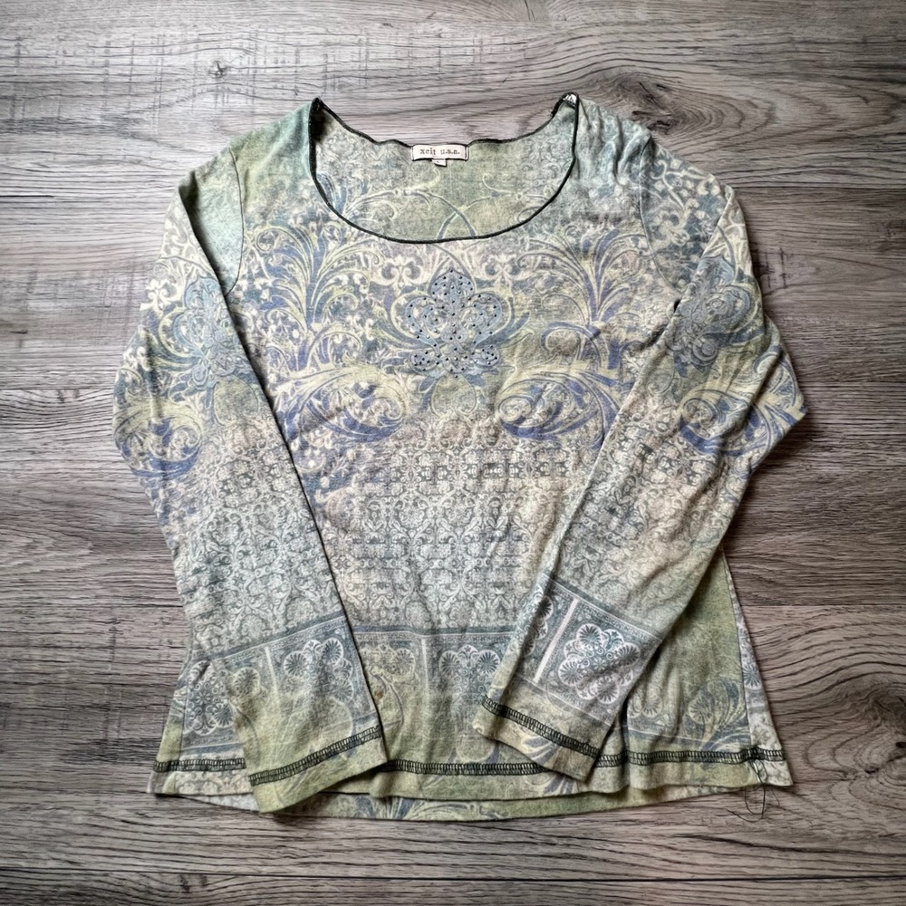 Xcit USA Top Womens Large Green Paisley Long Sleeve Rhinestone Y2K Boho Tee